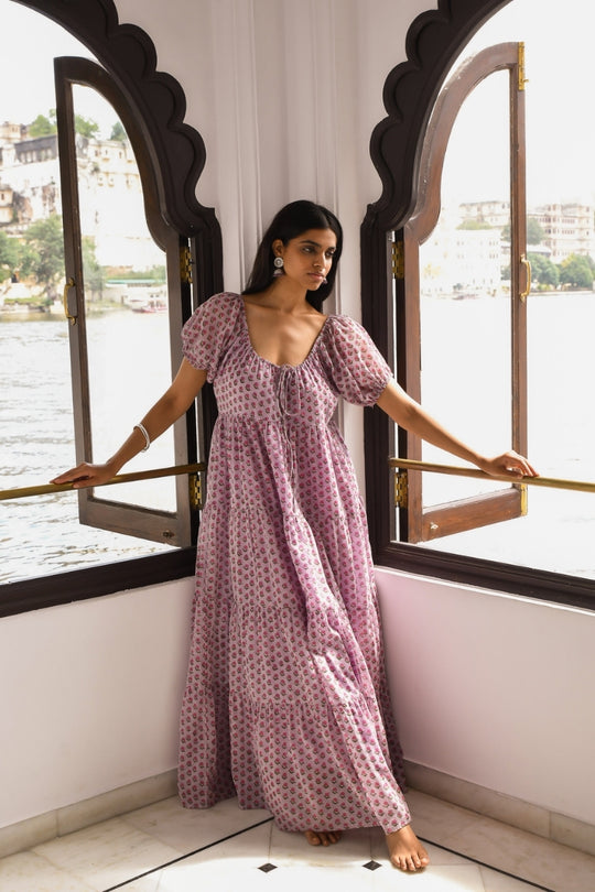 Sita Maxi Dress Violet — full length at Mughal arch window, hand block print violet cotton maxi | Daughters of India