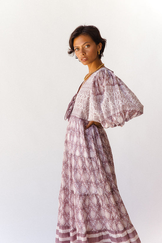 Jasmine Maxi Dress Lavender — side profile full length, showing flowing tiered skirt and billowed butterfly sleeves, hand block print cotton maxi in lavender, ethical boho fashion | Daughters of India