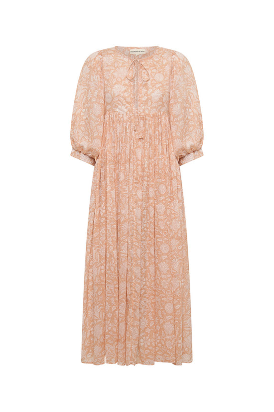 Daughters of India Kyra Maxi Dress in Apricot Blush — flat lay showing V-neckline tie, billowed sleeves, hand screen print