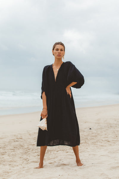 Kyra Midi Dress ~ Black Gauze