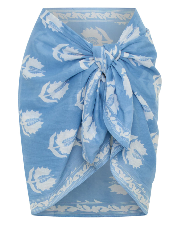 Ria Sarong Sky — ghost mannequin front view tied at waist as mini wrap, sky blue hand block print cotton sarong with white lotus motifs, white background | Daughters of India