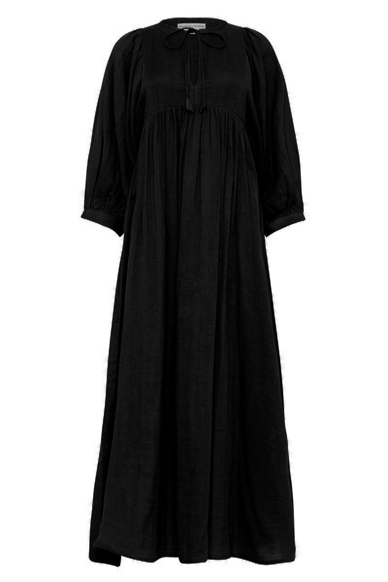 Daughters of India Kyra Midi Dress in Black Gauze — flat lay showing neckline tie, billowed sleeves, cotton gauze fabric