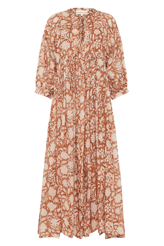 Daughters of India Kyra Midi Dress in Caramel — flat lay showing neckline tie, billowed sleeves, hand screen print cotton